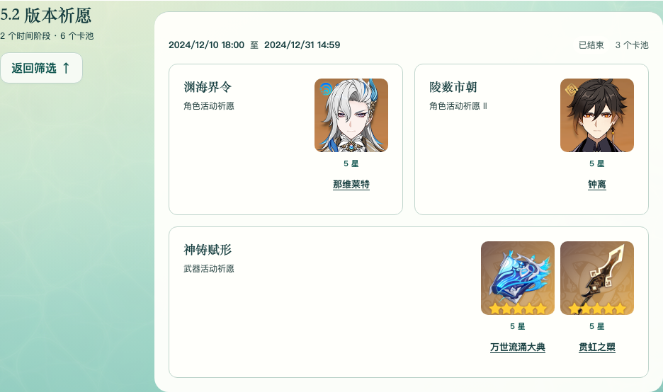 5.2版本历史卡池实际页面，展示那维莱特、钟离与同期武器，以及真实开放日期
